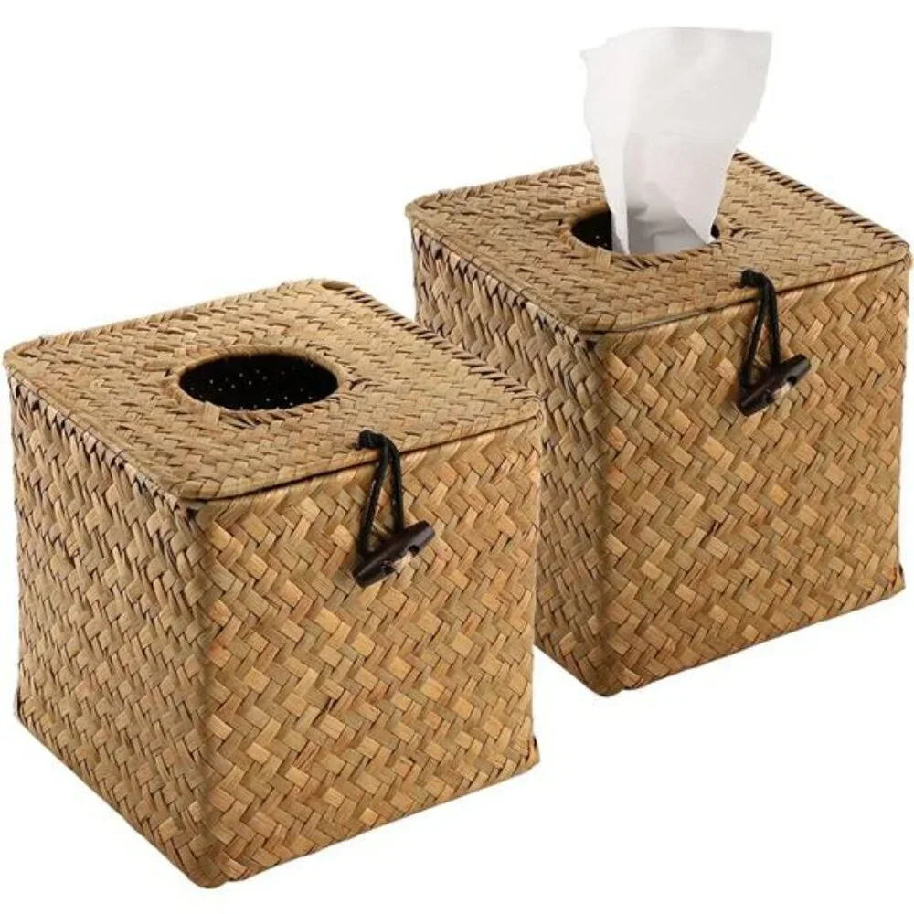 Seagrass tissue box cover set of 2 woven rattan tissue holder bathroom bedroom
